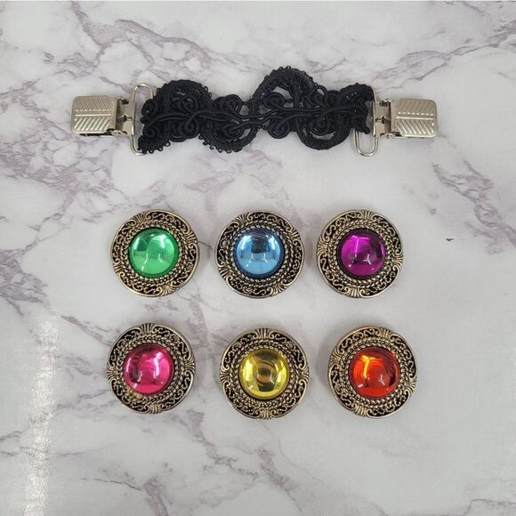 Vintage 80s Colorful Gem Style Gold Toned Button Covers and Bonus Blazer Clip - Picture 1 of 7